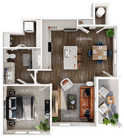 Floor plan for 1 bed, 1 bath, 747 sqft